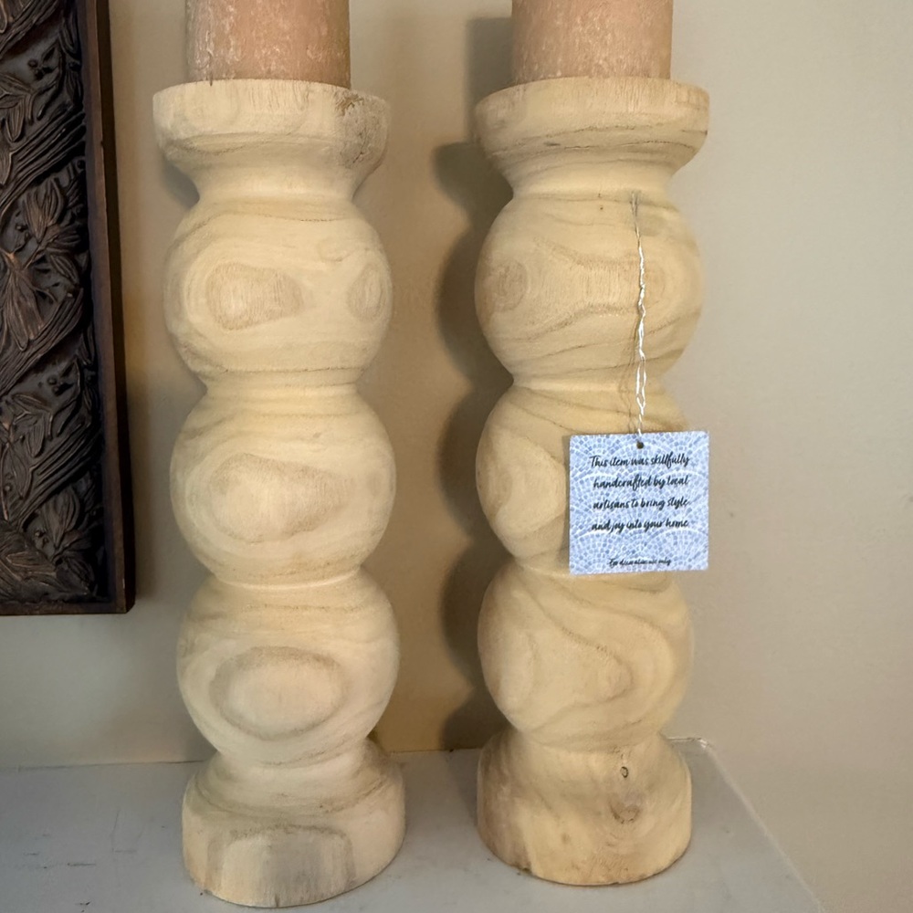 New Hard carved Unfinished Wooden Stacked Candle Holders, DIY, Rustic, Boho